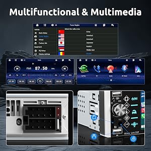Car dashboard displaying GPS navigation system with split-screen functionality between built-in display and connected smartphone, showing map interface against city skyline backdrop.