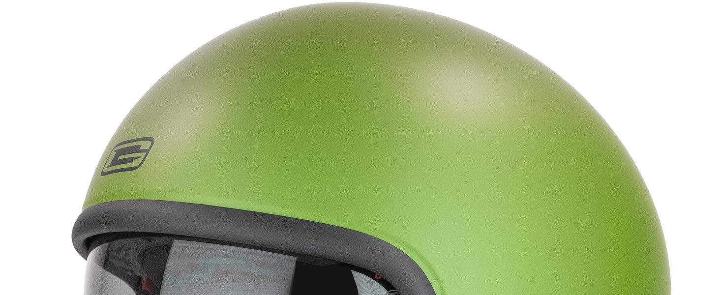 Lime-green open-face helmet with black inner lining, flip-down dark-tinted visor, chin strap with red accent, and ventilation ports.