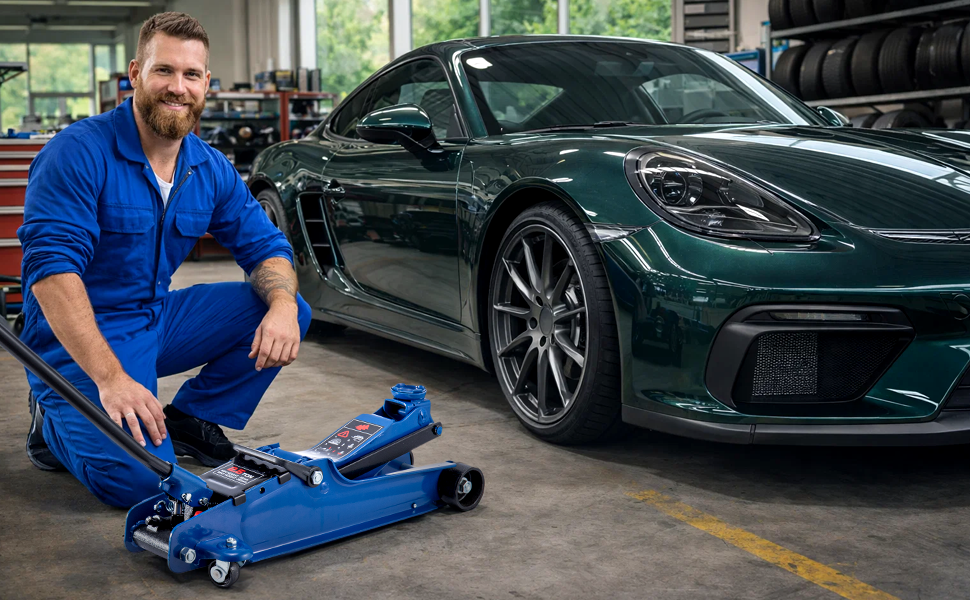 Text reads 'Swivel Casters' 'Equipped with rear rotating casters for easy control and manouevre ability' '360°' '360° Casters' 'Directional Wheels'. Blue floor jack with swivel casters and directional wheels for automotive lifting, showing 360-degree rotation capability and steering functionality.