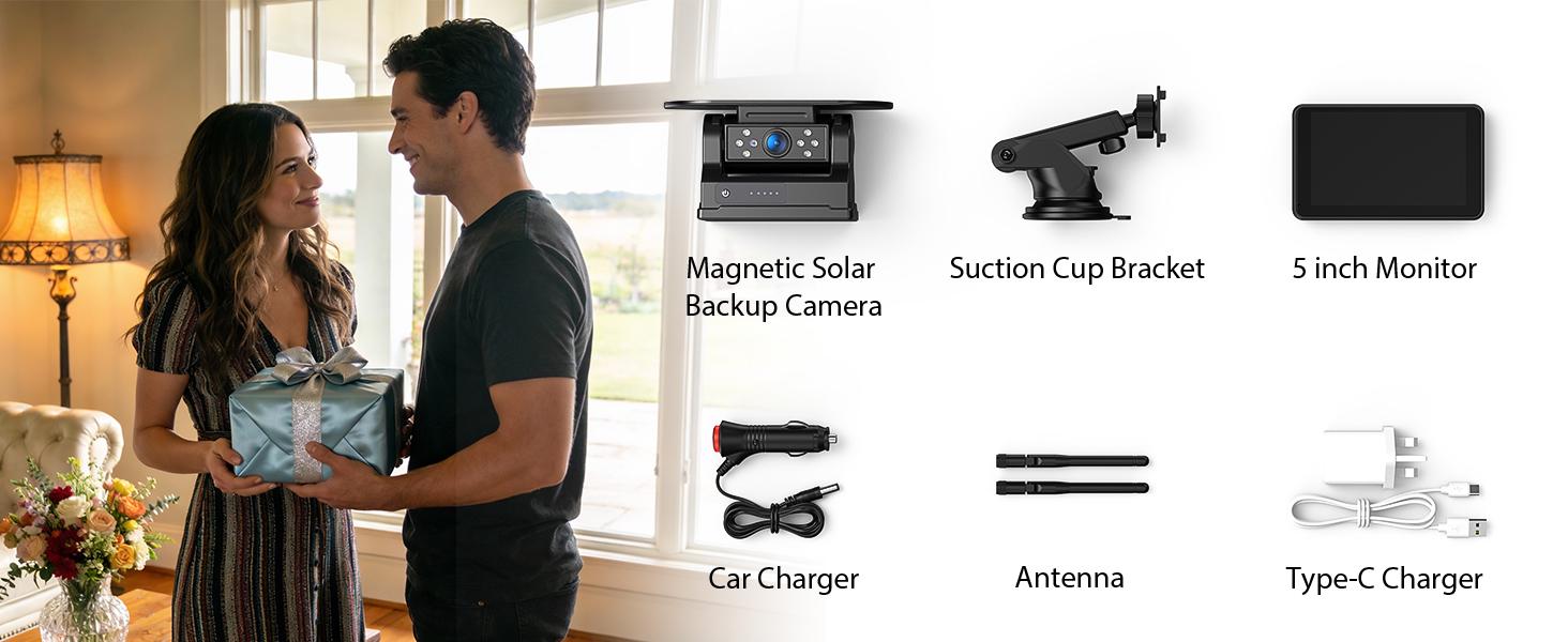 Text reads: 'Car Charger', 'Antenna', 'Type-C Charger'. Product showcase displaying various electronic accessories including car charger, antenna, and USB Type-C charging components laid out horizontally.