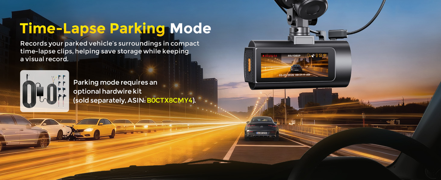Text reads "Time-Lapse Parking Mode" and "Parking mode requires an optional hardwired kit for continuous power supply when parked". Dashcam mounted on car windshield displaying parking mode functionality with nighttime highway scene background.