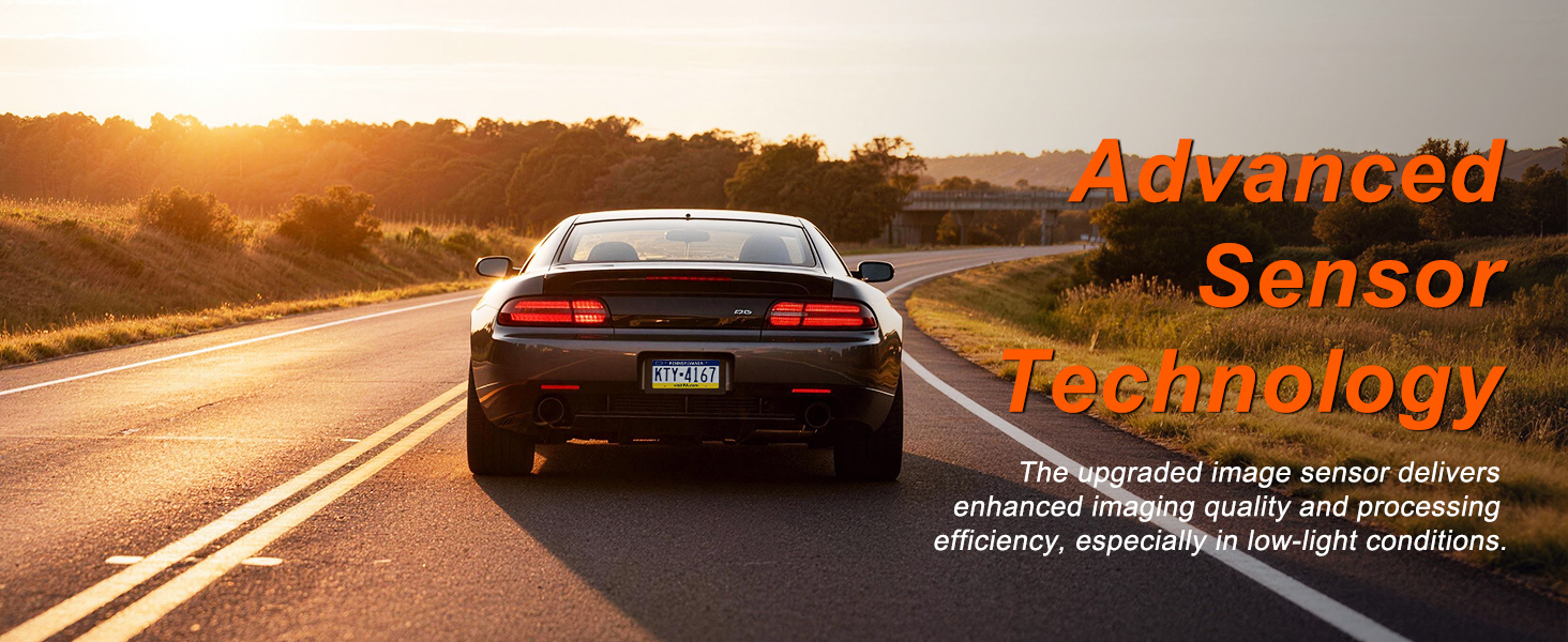 Text reads 'Advanced Sensor Technology'. Red sports car driving on highway at sunset with orange text overlay indicating vehicle technology features.