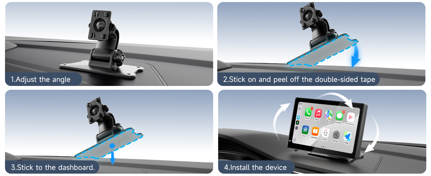Instructional images showing tablet/phone mount installation steps on what appears to be exercise equipment or machine surface.