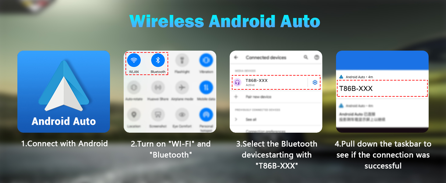 Android Auto interface screenshots showing wireless connectivity setup process with Bluetooth pairing and connection status screens.