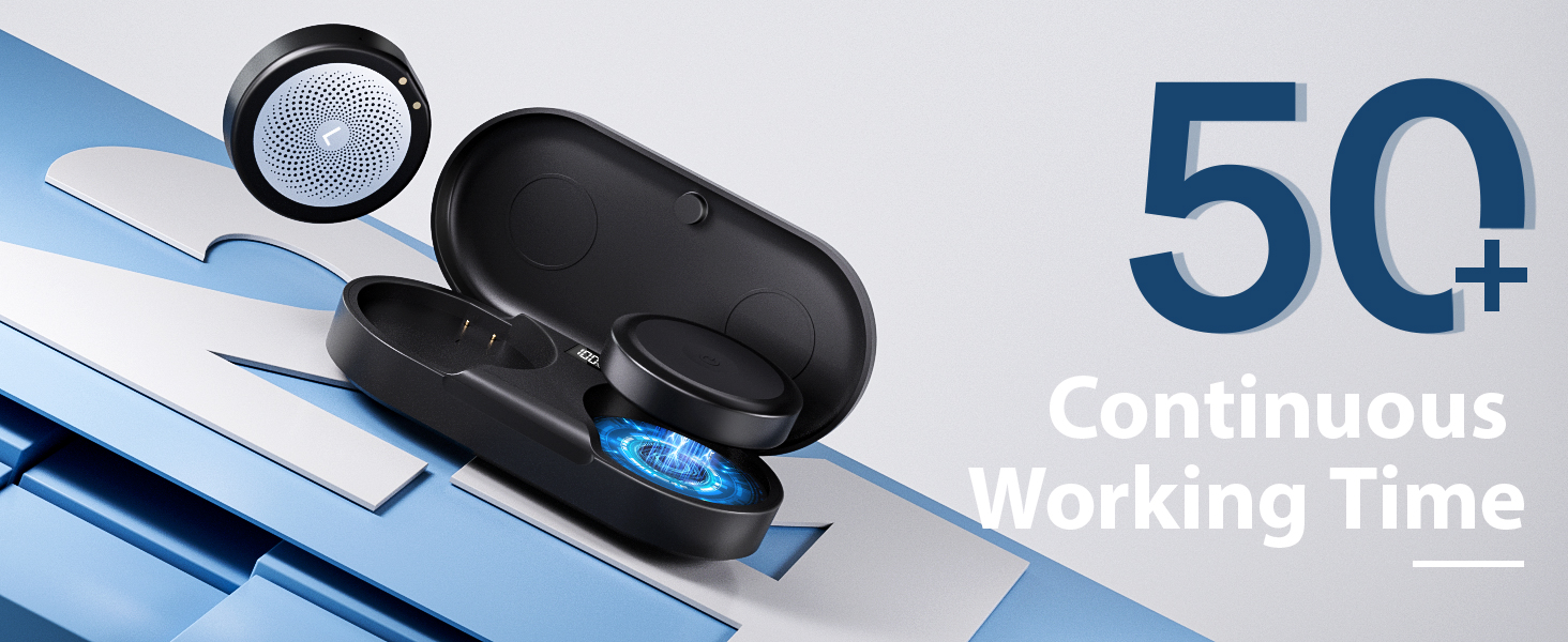 Wireless earbuds with charging case next to text highlighting '50+ Continuous Working Time' feature.