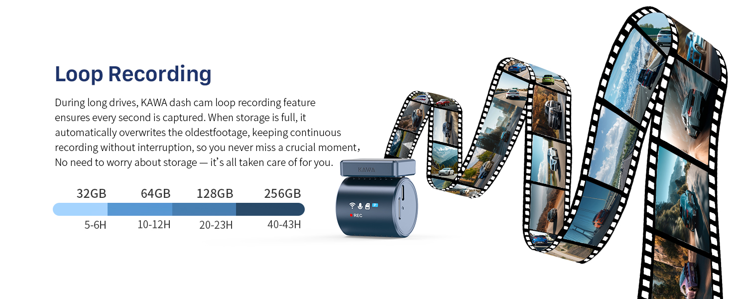 Text reads 'Loop Recording'. Technical diagram showing film reel and timeline interface elements for video recording functionality.