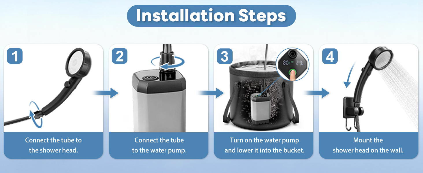 Text reads 'Installation steps' - Infographic showing step-by-step assembly instructions with blue arrows connecting product components.