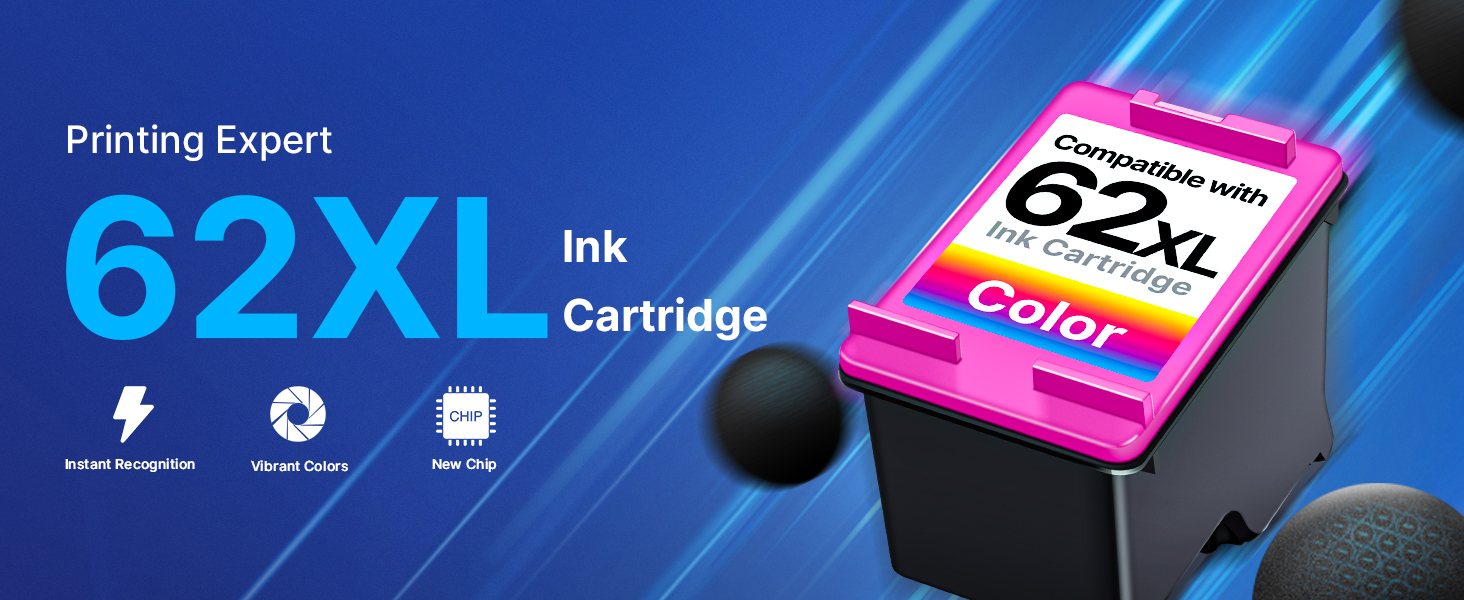 Text reads 'Printing Expert', '62XL', and 'Ink Cartridge'. Large magenta ink cartridge displayed with product icons and blue gradient background.