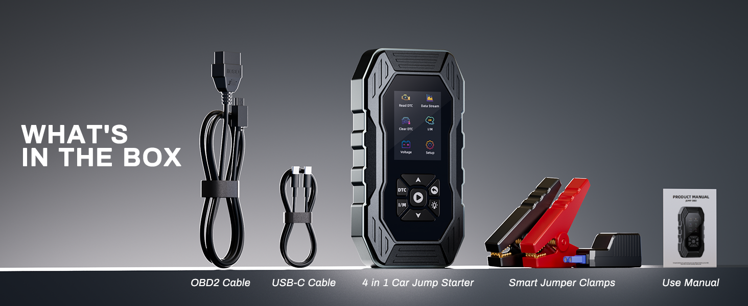 Text reads 'WHAT'S IN THE BOX'. Product contents display showing charging cables, battery clips, and electronic device with digital display.