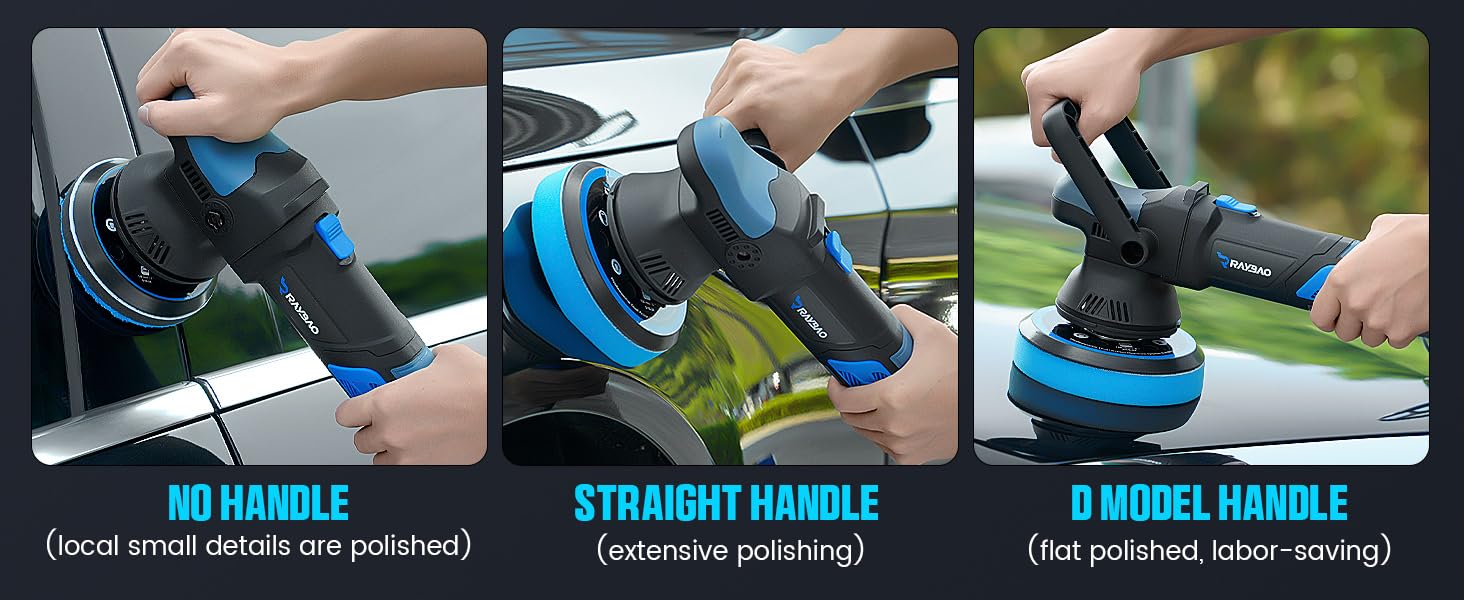 Text reads 'DOUBLE ROTATING PLATE, POLISHED IN ALL DIRECTIONS'. Shows handheld polishing tool being used on vehicle surface from two angles.