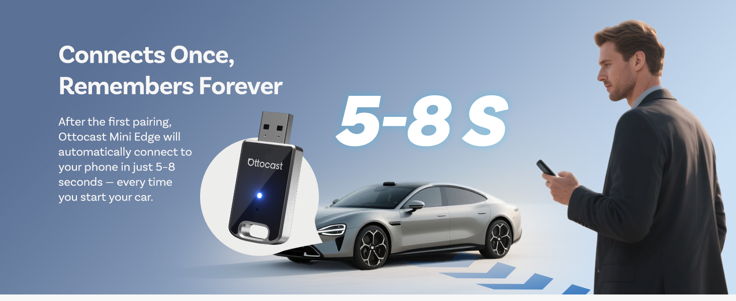 Text reads 'Connects Once, Remembers Forever' and '5-8 S'. Marketing image showing person with phone next to modern vehicle