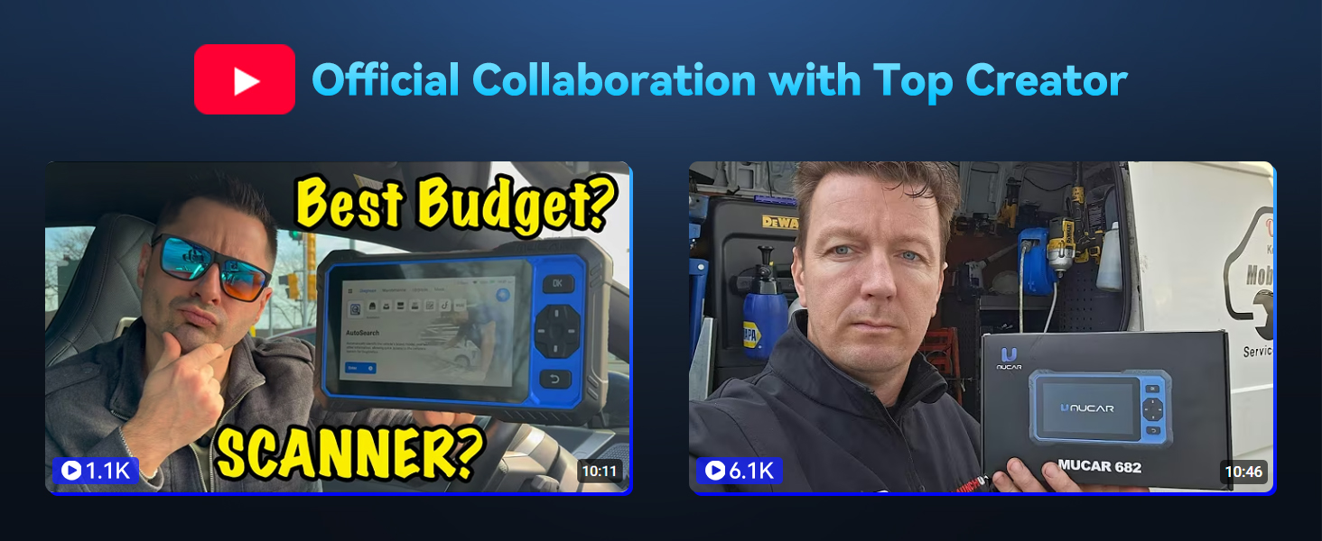 Text reads 'Official Collaboration with Top Creator' 'Best Budget?' 'SCANNER?'. YouTube-style video thumbnail with two men in split-screen discussing scanning devices.