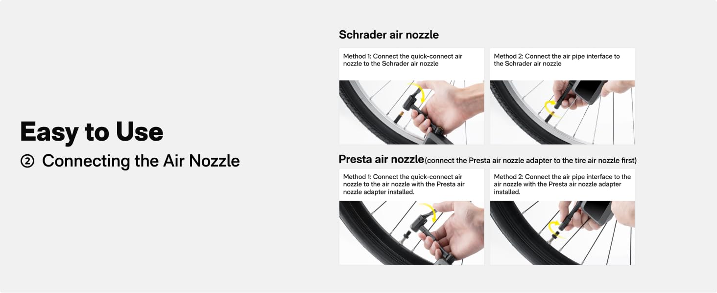 Instructional diagram for connecting air nozzle. Four steps shown: pinch nozzle, insert, release, and confirm connection. Easy to use process illustrated.