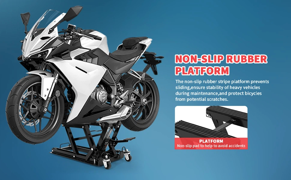 Text reads '360° FLEXIBLE MOVEMENT'. Marketing images showing motorcycle lift's range of motion and flexibility features with red directional arrows.