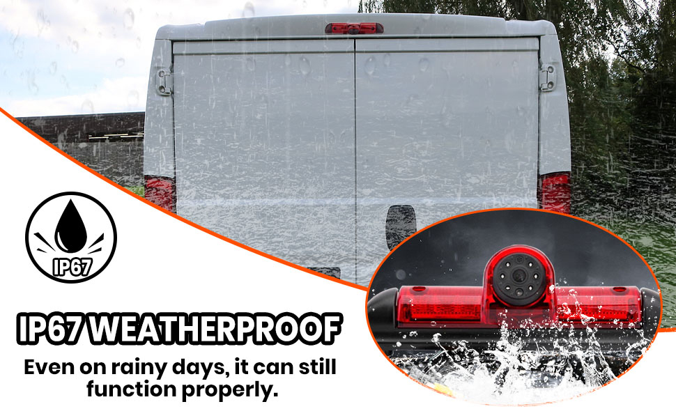 Text reads 'IP67/WEATHERPROOF' with subtext 'Even on rainy days, it can still function properly.' Image shows vehicle in rainy conditions.