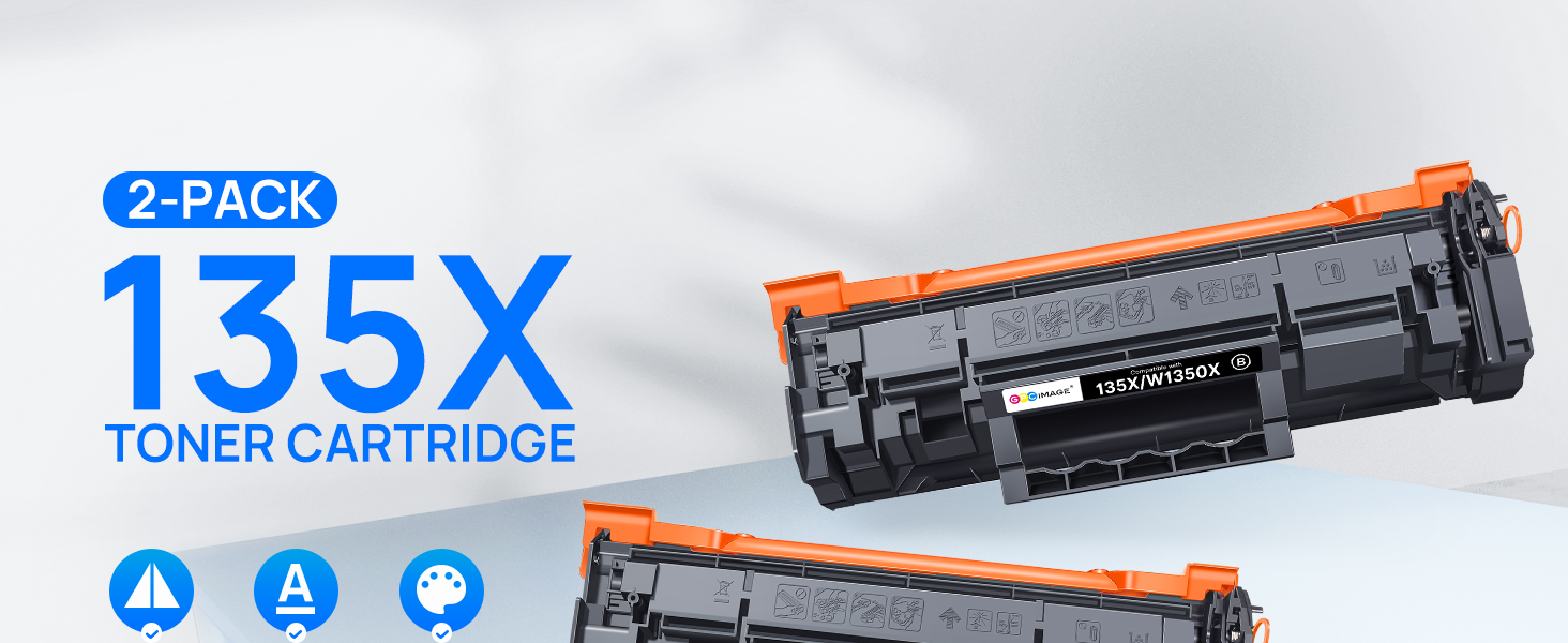 Text reads '2-PACK' and '135X'. Product images of printer toner cartridges showing multiple angles and packaging details with technical specifications.