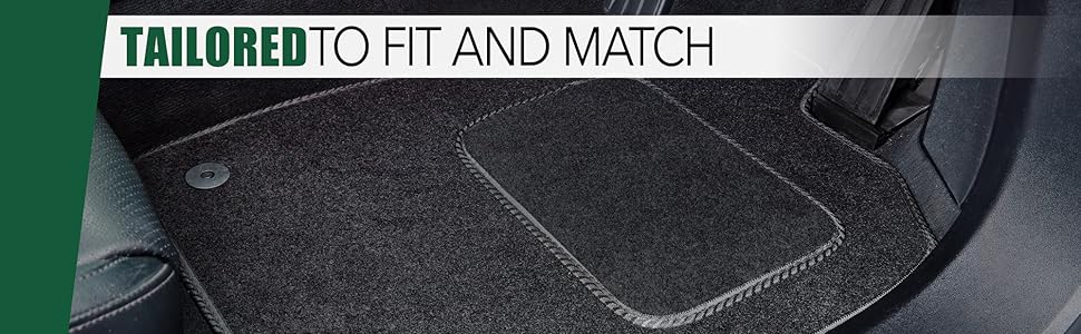 Close-up of car floor mats with different colored edging options including red, blue, and green against a textured metal background.