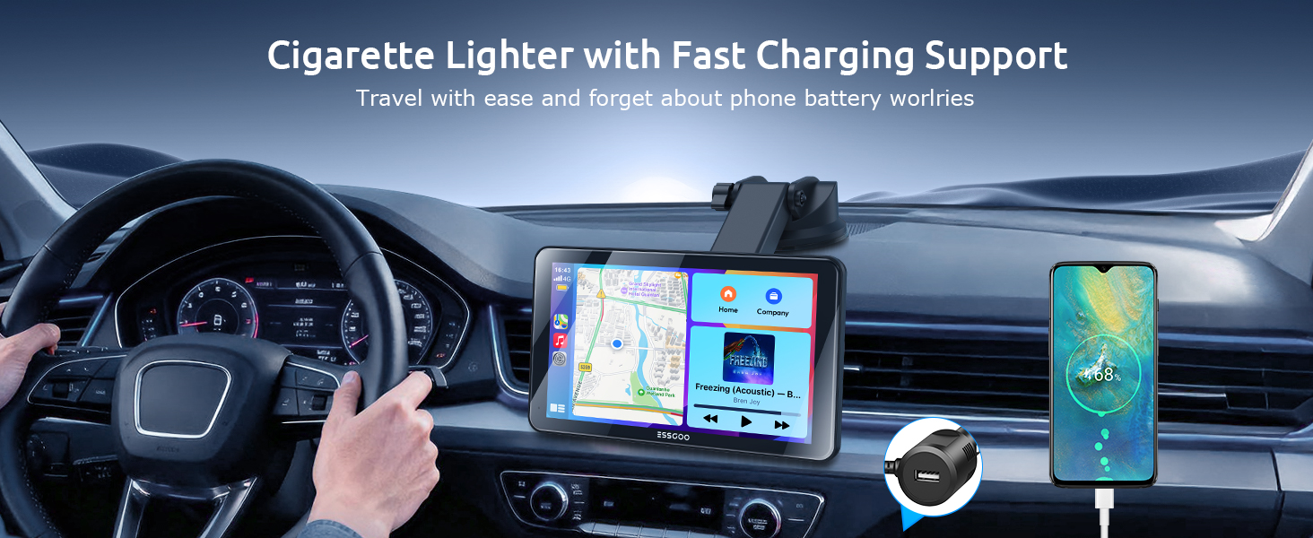 Text reads 'Cigarette Lighter with Fast Charging Supports'. Car dashboard and interior showing mounted phone holder and charging device in use.