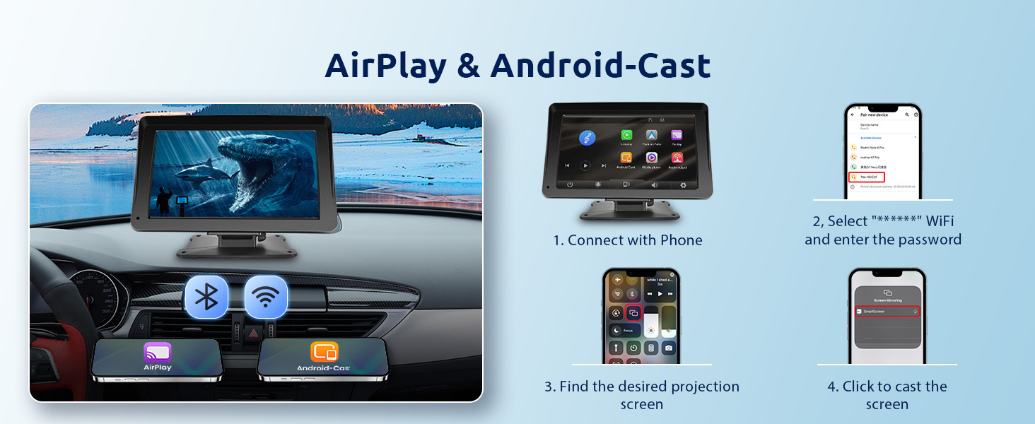 Portable Car Radio Wireless CarPlay Screen Android Auto Screen, Rimoody 7 Inch Touchscreen