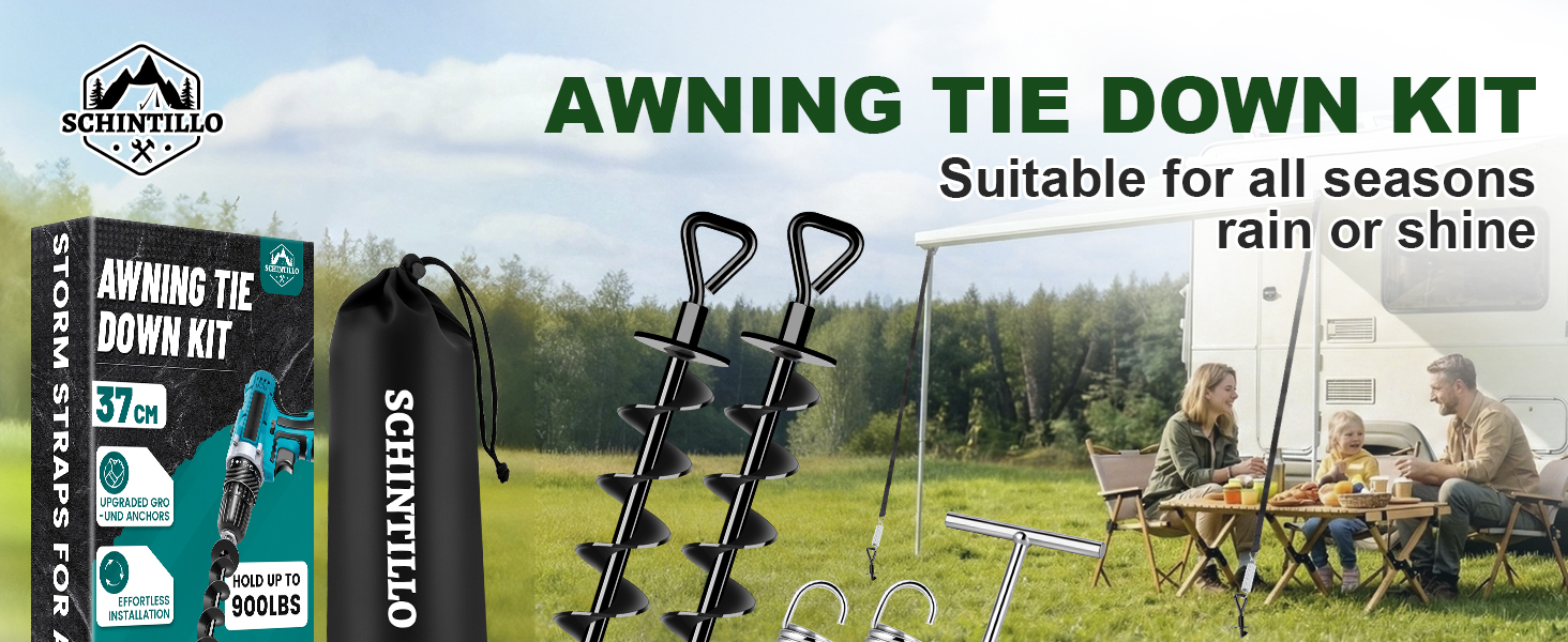 Text reads: 'AWNING TIE DOWN KIT' 'Suitable for all seasons rain or shine'. Marketing image showing camping setup with awning stakes and people enjoying outdoor camping scene.