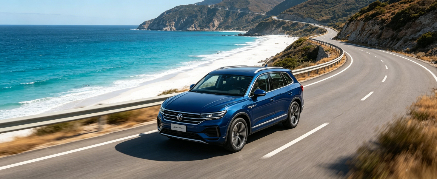 Blue vehicle driving on coastal road with scenic beach and cliffs in background.
