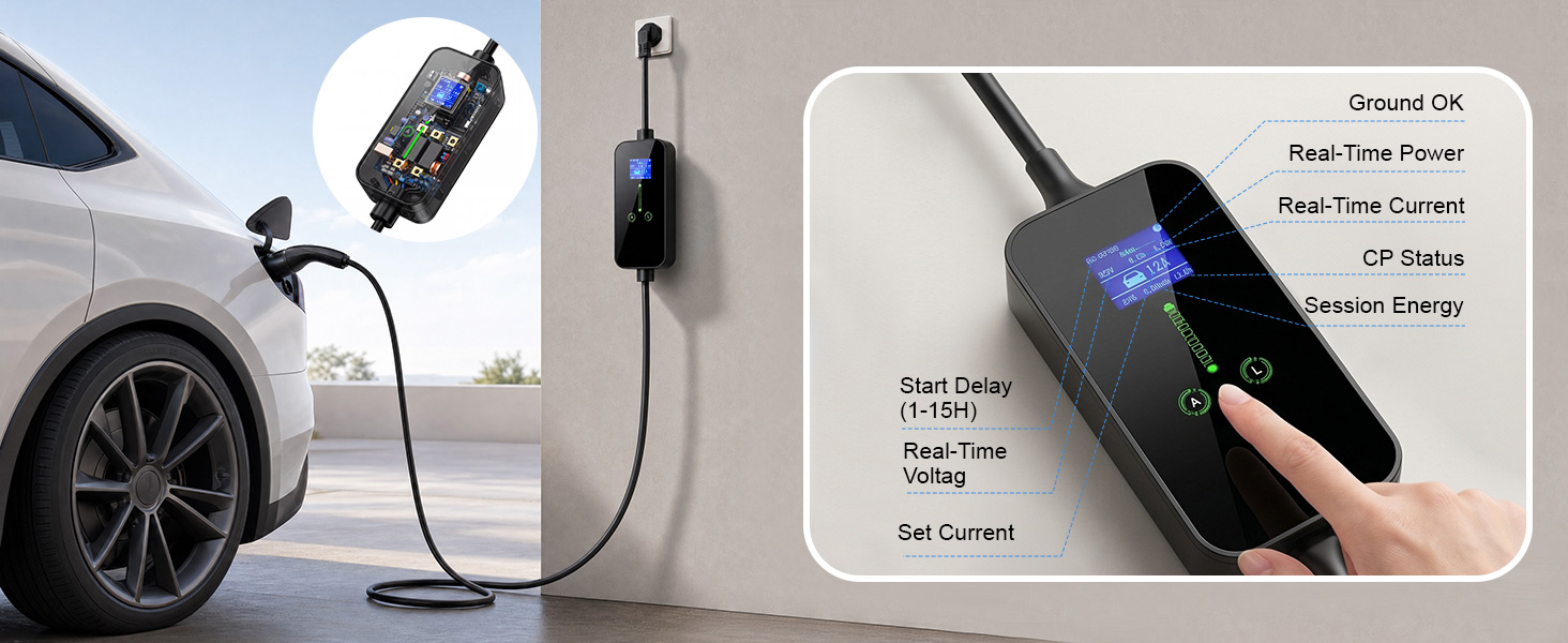 EV car charging cable with touchscreen display unit. Device shows charging status, temperature control, and app features for electric vehicle power management and monitoring.