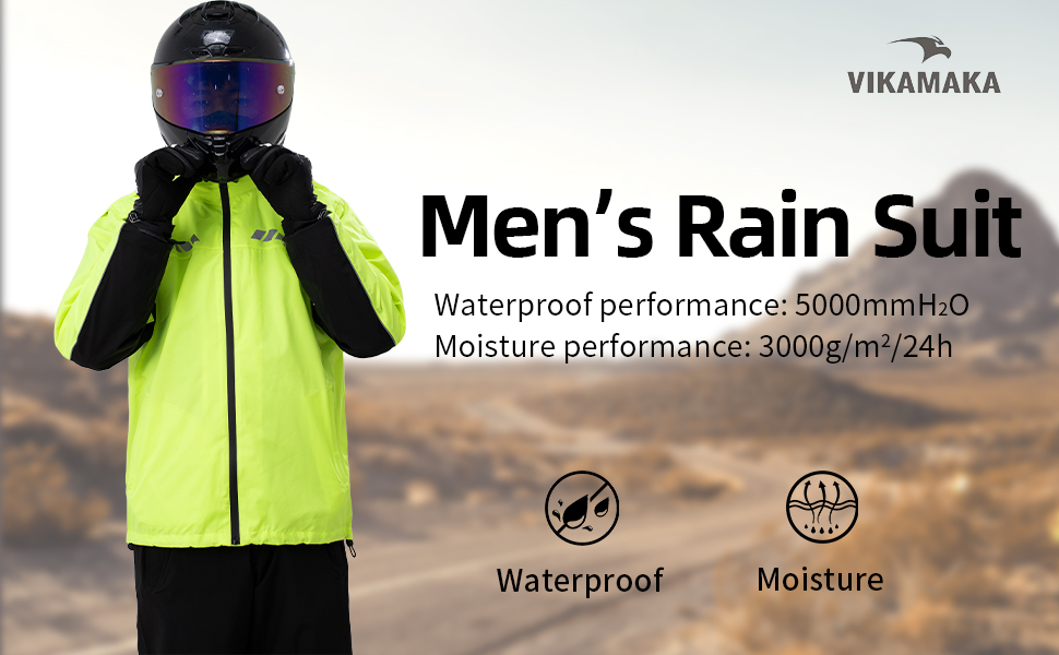 Text reads 'VIKAMAKA Men's Rain Suit' with 'Waterproof performance: 5000mm H2O' and 'Moisture performance: 3000g/m2/24H'. Icons show 'Waterproof' and 'Moisture'. Neon yellow-green and dark navy two-piece rain suit on mannequin against blurred outdoor landscape.