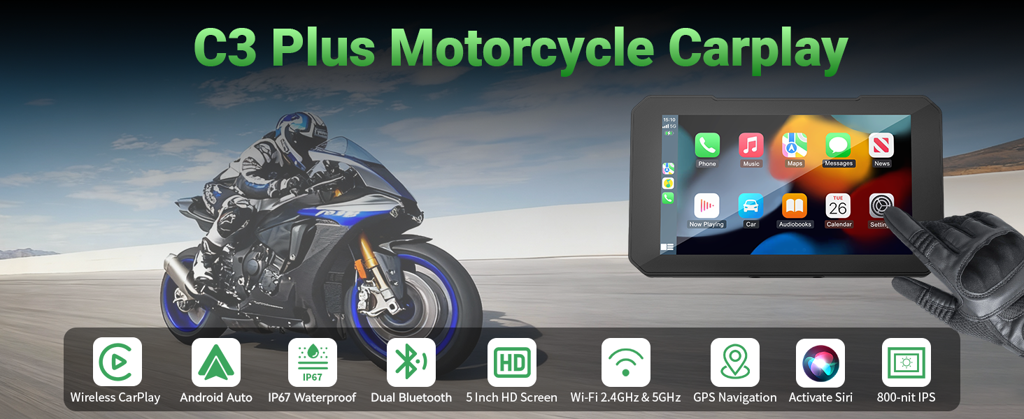 Text reads 'C3 Plus Motorcycle Carplay'. Interface display showing smartphone app icons and navigation screen with motorcycle imagery in background.