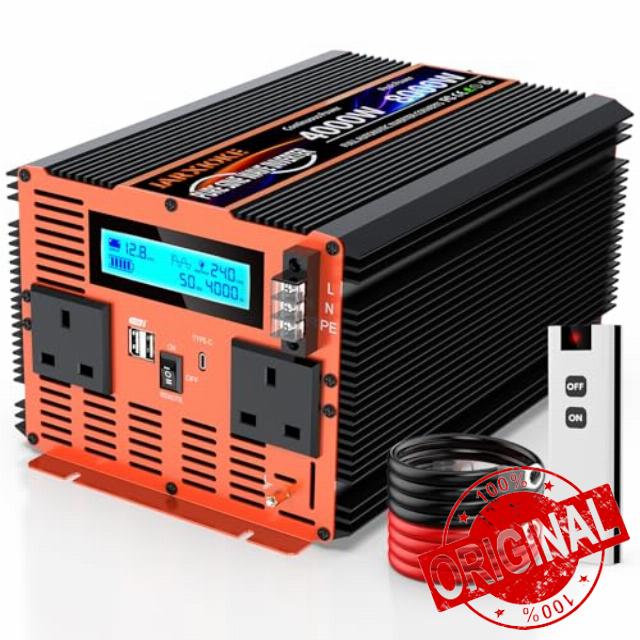 4000W Pure Sine Wave Inverter 12V to 240V Car Converter Power Inverter with LCD Display 2AC Outlets and USB USB Type-C Port