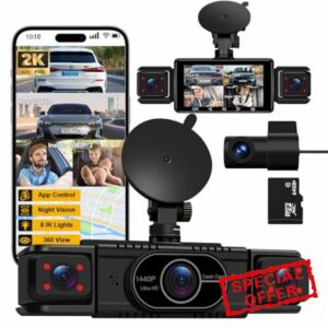 NOLYTH Dash Cam Front and Rear 4-Channel: Front 2K + Rear Left Right 1080P Dashcam with 5G WiFi APP Control 64GB Card Night Vision 360 View 8 IR Lamps Interior Car Camera for Baby/New Drivers