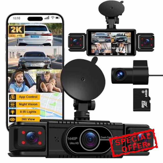 NOLYTH Dash Cam Front and Rear 4-Channel: Front 2K + Rear Left Right 1080P Dashcam with 5G WiFi APP Control 64GB Card Night Vision 360 View 8 IR Lamps Interior Car Camera for Baby/New Drivers