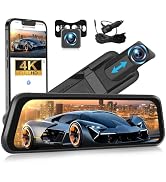 Text reads '4K 2160P HD'. Car rearview mirror dashcam system showing smartphone connectivity and multiple camera views. Features Ford truck in display screen demo.