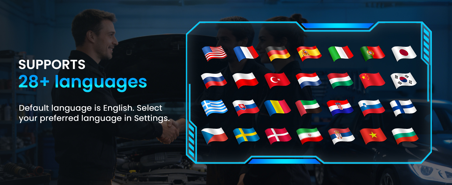 Text reads 'SUPPORTS' and '28+ Languages' with additional text about language support features. Product support information display with colorful language icons.