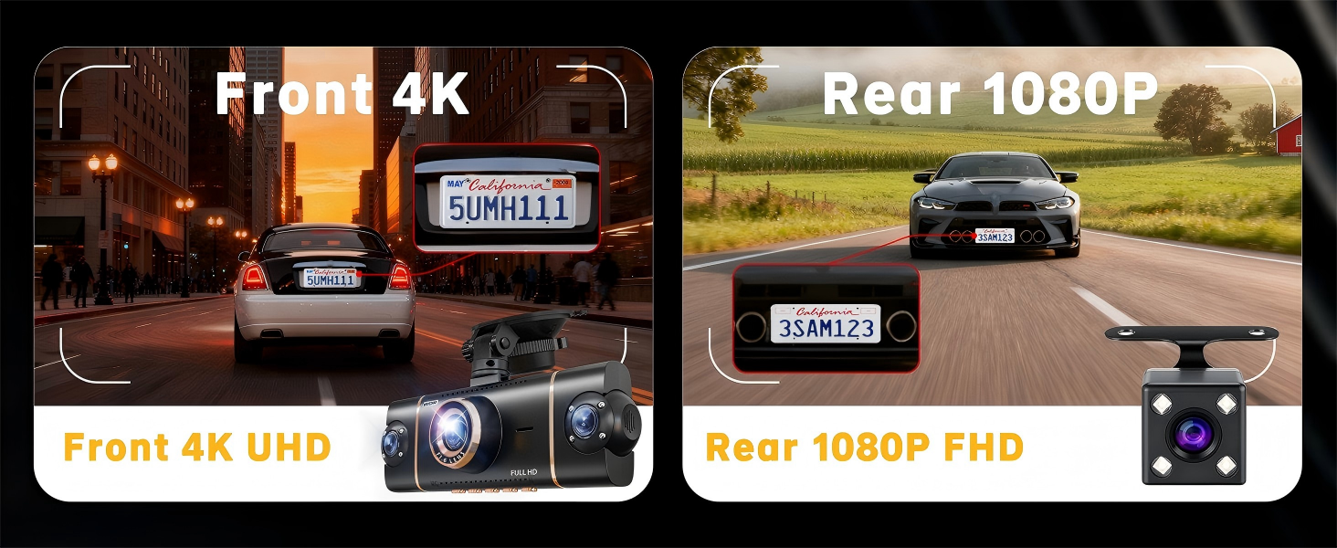 Text reads 'Front 4K', 'Rear 1080P', 'Front 4K UHD', 'Rear 1080P FHD'. Dual dashboard camera system displaying front and rear video recording capabilities with mounted camera units and display screens showing road footage.