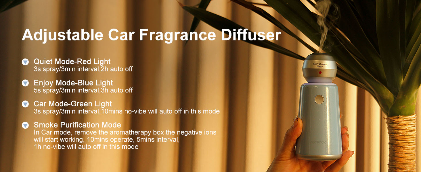 Text reads 'Adjustable Car Fragrance Diffuser'. Marketing image showing a metallic car diffuser with adjustable vents against a warm-toned background with bokeh lighting effects.