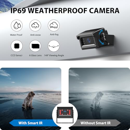 IP69 Waterproof Vibration-Proof Rear View Camera IR Night Vision Dual Split Screen for Tractor/Excavator/Truck/Skid Steer/Harvester/Carava