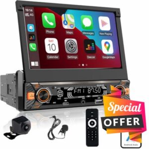 Single Din Car Stereo Touchscreen (7" Motorized Flip Out) Compatible with Apple CarPlay [Wireless] Android Auto Car Radio Bluetooth Type-C USB (3A Fast Charge) Backup Camera AUX