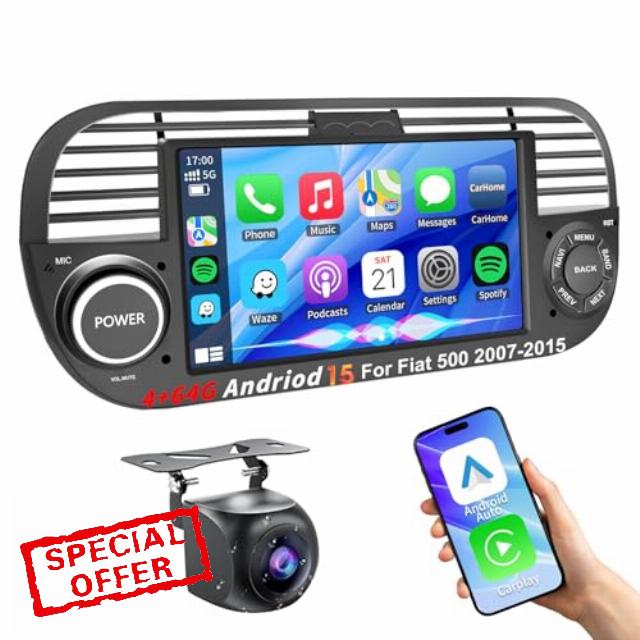 4+64G Android 15 Car Stereo for Fiat 500 (2007-2015) Wireless CarPlay & Android Auto &MIrror Link