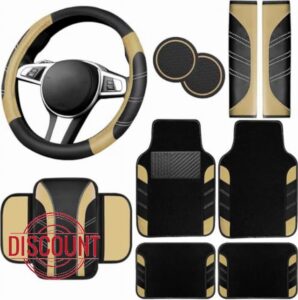 NBTEPEM 10 Pcs Car Floor Mats Full Set & Sport Leather Steering Wheel Cover 14.5-15 inch