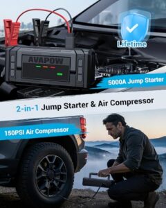 5000A 150PSI Car Battery Jump Starter Portable with 4" HD Display 12V Jump Box & Battery Booster (8L Gas/8L Diesel) with Auto-Shutoff Tire Inflato