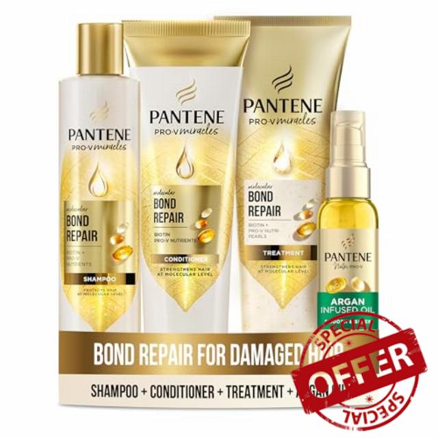 Pantene Bond Repair Shampoo and Conditioner Set with deep conditioning hair mask treatment and frizz ease hair oil for dry