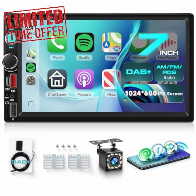 DAB Double Din Car Stereo with Apple Carplay Wireless Android Auto AM/FM/RDS