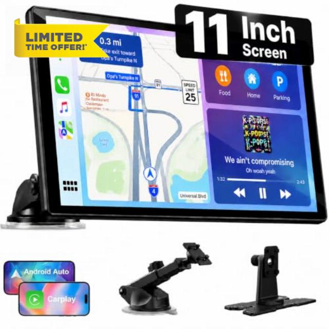 LAMTTO 2026 Upgrade 11 Inch Carplay Screen for Apple Car Play and Android Auto Car Portable Wireless Car Stereo for Car Audio Receivers with GPS Navigation