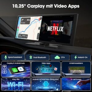 10.25'' Wireless A-pple CarPlay & Android Auto Display with Rear Camera Built-in Apps Split-Screen Dual Bluetooth Navigation for iOS 10+ Android 11+