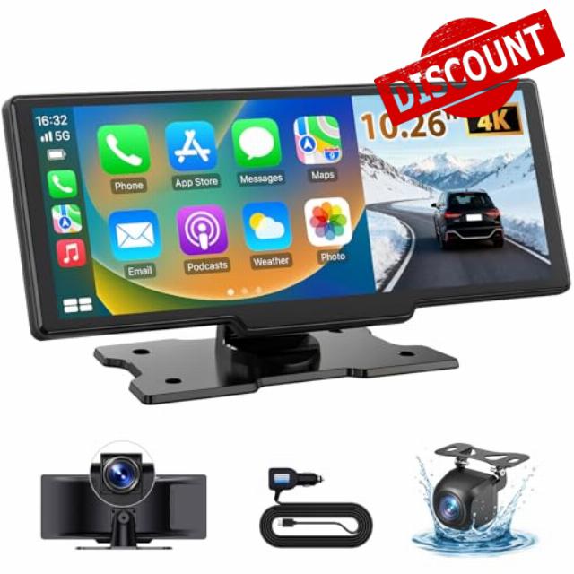 Wireless Carplay & Android Auto 10.26" Screen | Apple Car Play with 4K Dash Cam & Reversing Camera | GPS Navigation & Voice Control | Carplay Screen for Car Easy Fit Cars