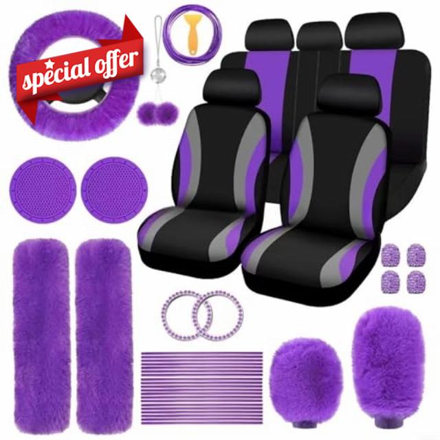 FUBESK Pink and Black Plush Car Accessory Kit
