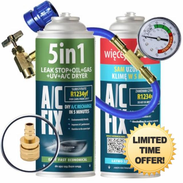 AC FIX 5-in-1 – R1234yf + 2 in 1 + Hose + Adapter Refrigerant for Car Air Conditioning with Oil