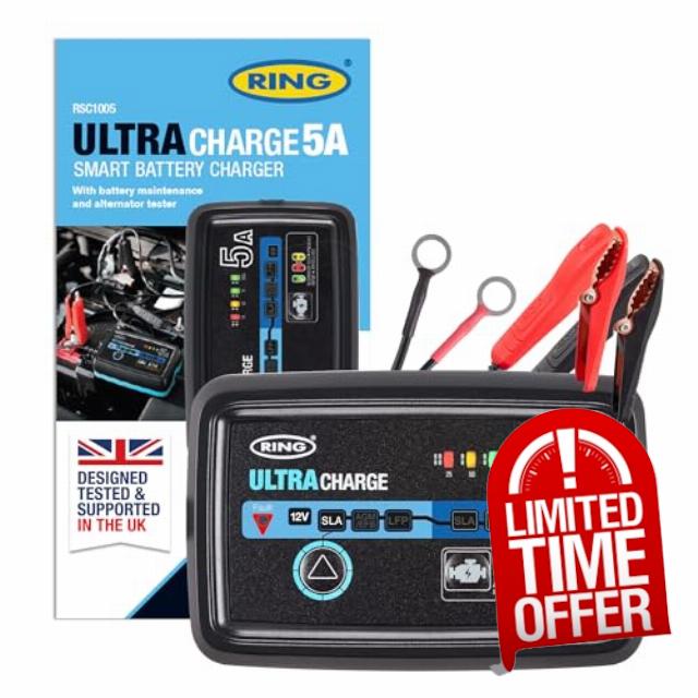 RING ULTRACHARGE 5A Smart Car Charger & Battery Maintainer With Built-In Alternator Testing - Compatible With Lithium Ion