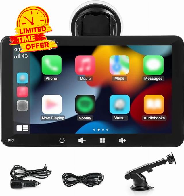 7 inch Wireless Apple Carplay & Android Auto Car Play Screen | Portable Car Tablet Smart Screen with Voice Control