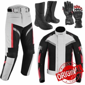 Mens Motorbike 2 Piece Suit Cordura Motorbike Jacket and Trousers with leather Gloves CE armoured Waterproof protective Gear With Motorbike boots